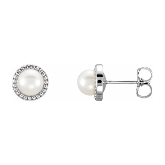 Stud Earrings, White Pearl, Beaded Halo-Style - 85897 - Image 2