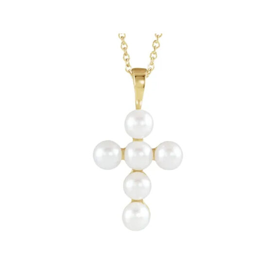 Cross Necklace, Cultured White Freshwater Pearl - R42366