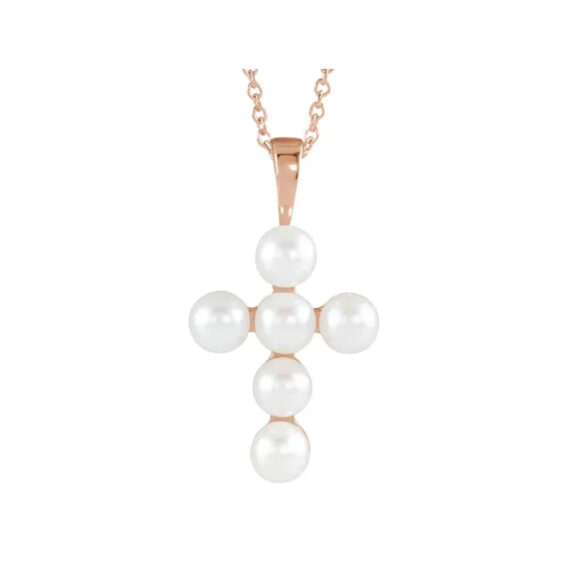 Cross Necklace, Cultured White Freshwater Pearl - R42366 - Image 2