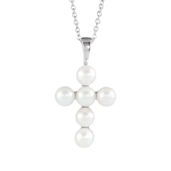 Cross Necklace, Cultured White Freshwater Pearl - R42366 - Image 3